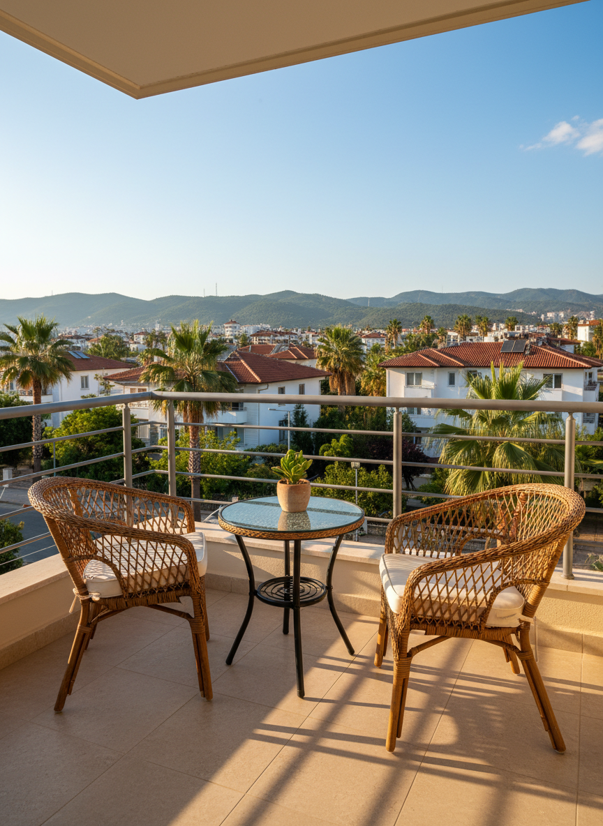 A spacious balcony of a Dalaman holiday apartment overlooking a calm residential neighborhood, rendered in photographic realism. Two empty woven rattan chairs with cream cushions flank a small round glass-topped table, where a simple ceramic plant pot adds a touch of greenery. The sturdy metal railing frames a view of red-tiled roofs, sunlit palm trees, and distant green hills under a clear blue sky. Late-afternoon sunlight bathes the balcony in a warm glow, casting soft linear shadows across the light stone tiles. The scene feels relaxing, private, and safe, ideal for quiet daily or weekly stays. Shot from a slightly elevated corner angle, with balanced composition and moderate depth of field, emphasizing outdoor comfort and Mediterranean atmosphere.