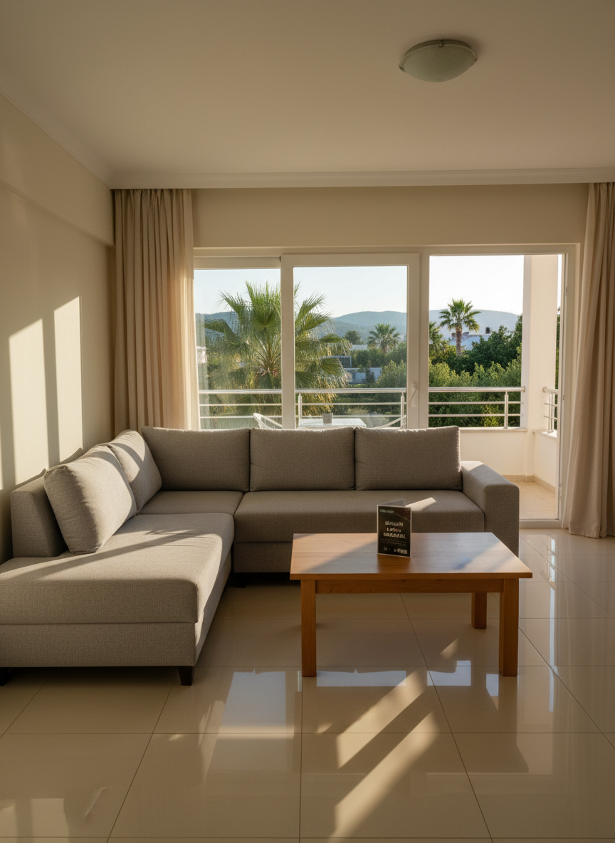 A bright, impeccably clean living room in a modern holiday apartment in Dalaman, photographed in realistic detail. A plush light-gray L-shaped sofa with soft textured fabric surrounds a low natural-wood coffee table with a single neatly folded brochure labeled “Günlük & Haftalık Kiralık.” Large sliding glass doors open to a sunlit balcony with lush green trees and distant hills. Soft Mediterranean daylight fills the space, creating gentle shadows on the glossy tiled floor. The mood is calm, professional, and welcoming, emphasizing comfort and trust. Shot at eye level with a wide lens, sharp focus throughout, and a clean, modern aesthetic that highlights the apartment’s spaciousness and everyday livability.