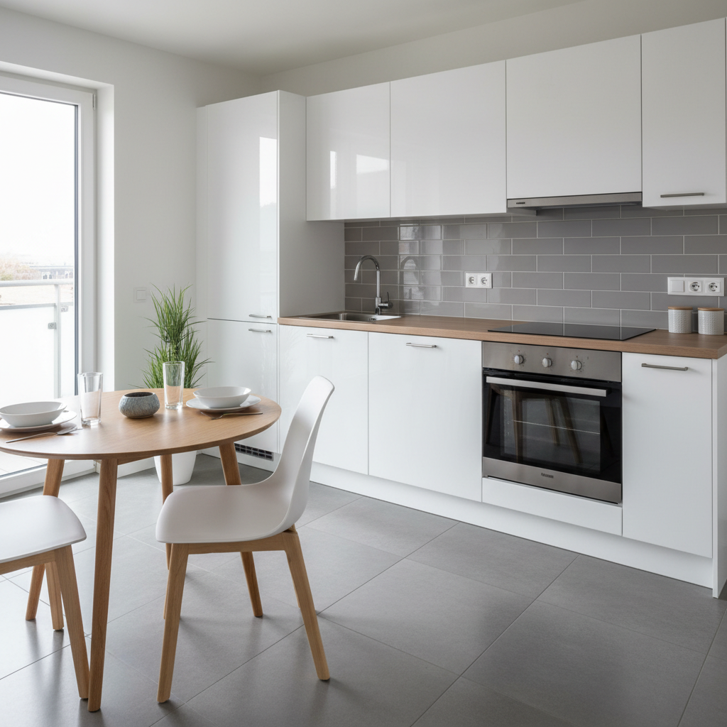 A modern open-plan kitchen and dining area in a short-term rental apartment, photographed with clean and realistic detail. Gleaming white cabinetry with sleek silver handles lines one wall, contrasted by a subtle gray backsplash and a spotless black ceramic cooktop. A compact dining table with a smooth wooden surface is set with two immaculate white plates, clear water glasses, and a small decorative bowl. Natural daylight from an unseen balcony door illuminates the space evenly, reflecting softly off the glossy tiled floor and stainless-steel appliances. The mood is practical, orderly, and reassuring, showcasing full self-catering comfort. Captured at eye level with sharp focus and a slightly wide composition, the image conveys functionality, simplicity, and professional presentation.