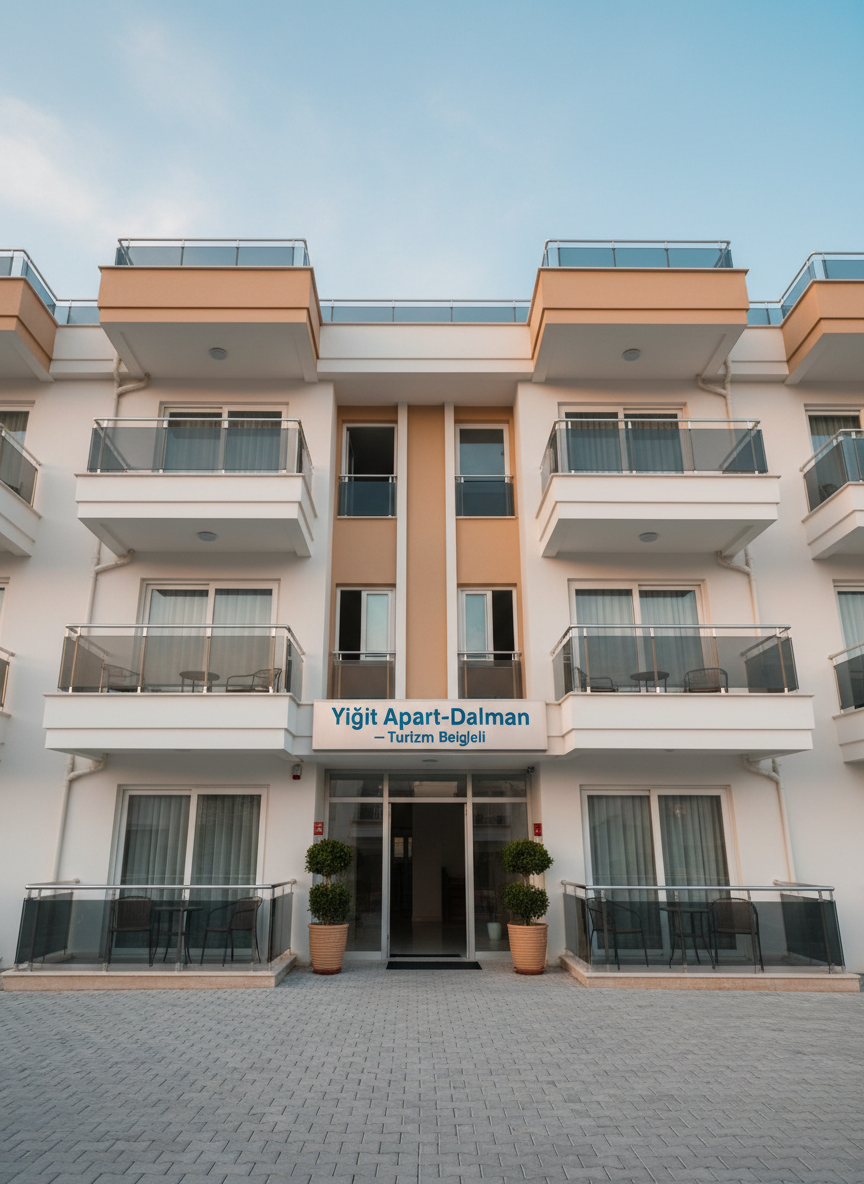 The exterior façade of Yiğit Apart-Dalaman, a well-maintained multi-story apartment building suitable for tourism rentals, captured in crisp photographic realism. The structure features clean white and light-beige walls, symmetrical balconies with sturdy metal railings, and large glass doors that suggest bright interiors. A simple yet clear building sign reads “Yiğit Apart-Dalaman – Turizm Belgeli.” The paved entrance area is spotless, with a few neatly arranged potted shrubs adding greenery. Soft early-evening light creates a gentle, welcoming glow on the façade, with the sky transitioning to a calm pastel blue. Shot from a slightly low, wide-angle perspective, the composition highlights reliability, professionalism, and a sense of arrival for daily and weekly guests.