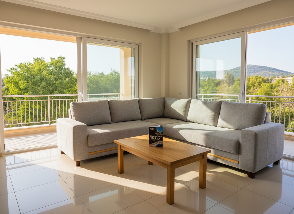 A bright, impeccably clean living room in a modern holiday apartment in Dalaman, photographed in realistic detail. A plush light-gray L-shaped sofa with soft textured fabric surrounds a low natural-wood coffee table with a single neatly folded brochure labeled “Günlük & Haftalık Kiralık.” Large sliding glass doors open to a sunlit balcony with lush green trees and distant hills. Soft Mediterranean daylight fills the space, creating gentle shadows on the glossy tiled floor. The mood is calm, professional, and welcoming, emphasizing comfort and trust. Shot at eye level with a wide lens, sharp focus throughout, and a clean, modern aesthetic that highlights the apartment’s spaciousness and everyday livability.