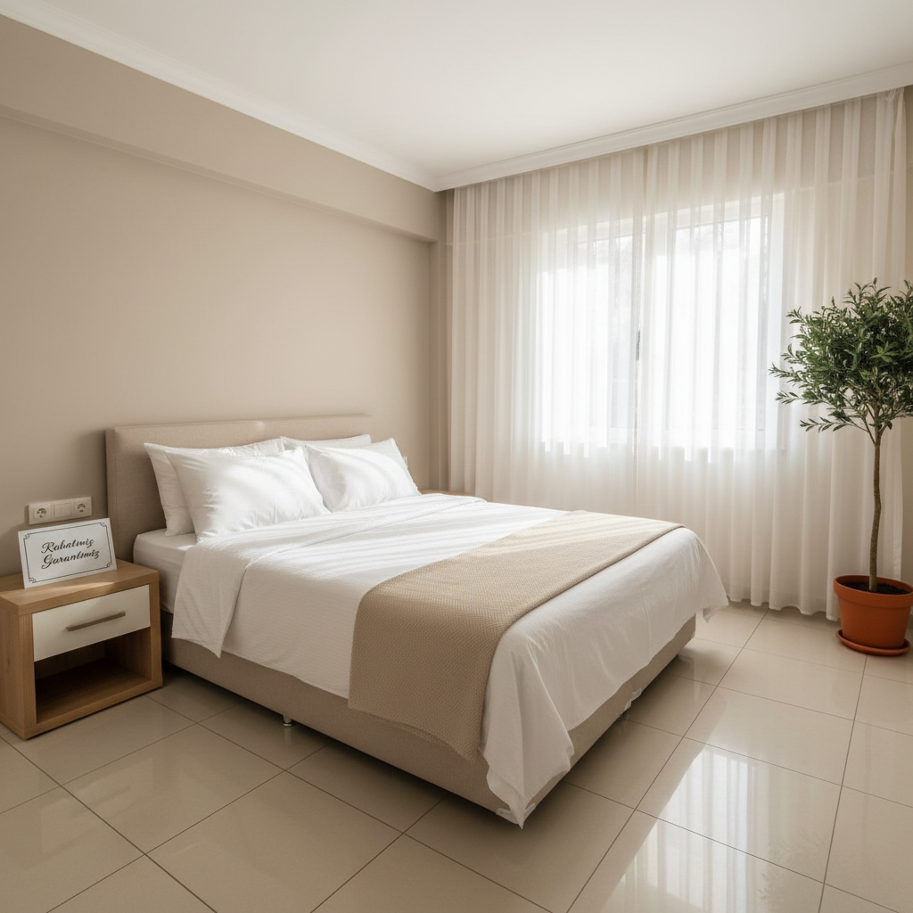 A cozy, sunlit bedroom in a tourism-certified rental apartment in Dalaman, captured in photographic realism. A queen-sized bed with crisp white linens, perfectly fluffed pillows, and a neatly folded beige throw blanket sits against a light taupe wall, with a small, minimalist wooden nightstand beside it. On the nightstand, a subtle sign reads “Rahatınız Garantimiz.” Soft golden afternoon light streams in from a large window with sheer white curtains, creating delicate patterns on the polished tile floor. The atmosphere is serene, hygienic, and inviting. Framed with a slightly elevated angle and balanced composition, the image emphasizes restfulness, quality, and professional hospitality standards.